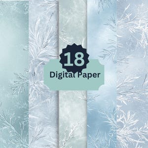 May include: A set of 18 digital papers featuring a frosty, icy blue and white pattern. The papers are perfect for creating winter-themed crafts, scrapbooking, and digital design projects.