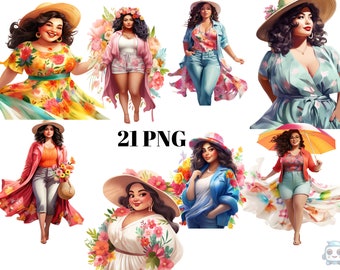 21 Curvy Hispanic Women in Spring Clothes, Latina Women, Fashion Clipart, Spring Vibes, PNG individual images on transparent background
