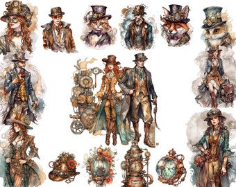 Aquarell Gentleman Steampunk Clipart, PNG digitale Bilder, hohe Qualität, transparenter Hintergrund, kommerzielle Nutzung, sofortiger Download