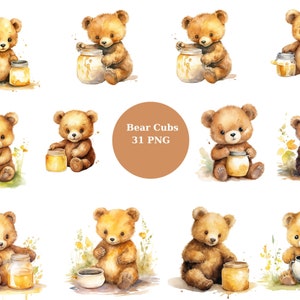 31 schattige berenwelp met honing aquarel clipart, beer clipart, individuele png-afbeeldingen op transparante achtergrond, sublimatie