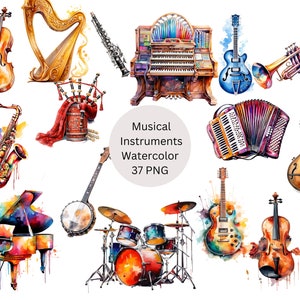 Aquarel muziekinstrumenten clipart, digitale PNG-bestanden op transparante achtergrond, sublimatie, commercieel gebruik