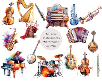 Aquarel muziekinstrumenten clipart, digitale PNG-bestanden op transparante achtergrond, sublimatie, commercieel gebruik