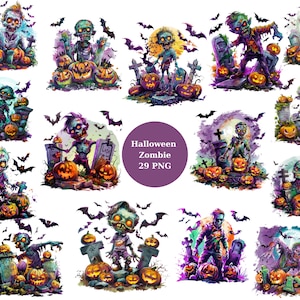 Halloween Zombie Watercolor Clipart, Halloween Clipart, PNG individual images on transparent background, sublimation