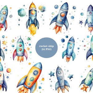 24 Rocket Ships Watercolor Clipart, Rocket Clipart, PNG individual images on transparent background, sublimation, commercial use