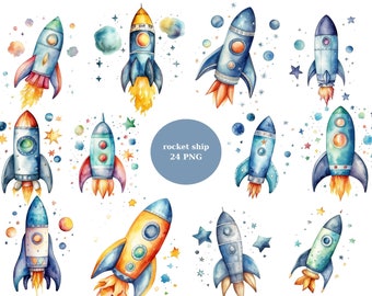 24 Rocket Ships Watercolor Clipart, Rocket Clipart, PNG individual images on transparent background, sublimation, commercial use