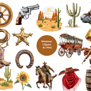 45 cliparts western, cowboy texan, images individuelles PNG sur fond transparent, sublimation, usage commercial