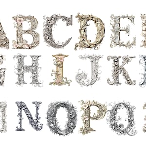 Elegante vintage sierlijke alfabet-clipart - ingewikkelde bloemen monogram letters afzonderlijke png-afbeeldingen op transparante achtergrond, sublimatie