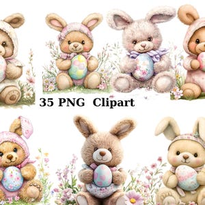 35 Easter Teddy Bears Watercolor Clipart, Easter Clipart, PNG individual images on transparent background, sublimation