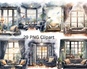 29 Cosy Interiors aquarel clipart, afzonderlijke png-afbeeldingen op transparante achtergrond, sublimatie, commercieel gebruik