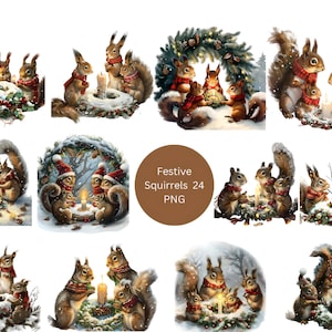 24 feestelijke eekhoorns-clipart, kerstclipart, afzonderlijke png-afbeeldingen op transparante achtergrond, sublimatie