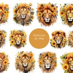 15 cliparts aquarelle de lions floraux, clipart floral, images individuelles PNG sur fond transparent, sublimation