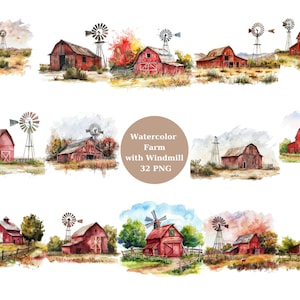 Aquarelle ferme 32 avec moulin à vent Clipart, fichiers numériques PNG sur fond transparent, sublimation, usage commercial