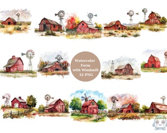 Acuarela 32 Granja con imágenes prediseñadas de molino de viento, archivos digitales PNG sobre fondo transparente, sublimación, uso comercial