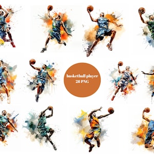 26 cliparts aquarelle de joueurs de basket-ball, clipart basket-ball, Slam Dunk, images individuelles PNG sur fond transparent, sublimation