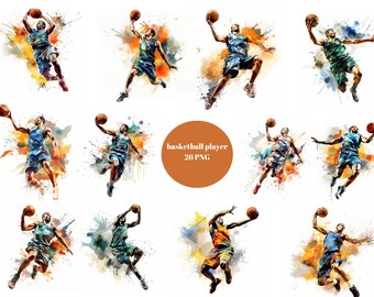 26 Basketball Players Watercolor Clipart, Basketball Clipart, Slam Dunk, PNG individual images on transparent background, sublimation