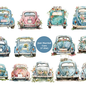37 Just Married Cars Acuarela Clipart, Wedding Clipart, imágenes individuales PNG sobre fondo transparente, sublimación, uso comercial