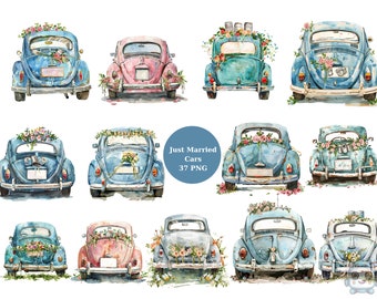 37 Just Married Cars Watercolor Clipart, Wedding Clipart, PNG individual images on transparent background, sublimation, commercial use