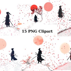 15 Samurais aquarel clipart, afzonderlijke png-afbeeldingen op transparante achtergrond, sublimatie