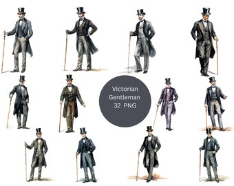 32 cliparts aquarelle gentleman victorien, clipart victorien, PNG images individuelles sur fond transparent, sublimation