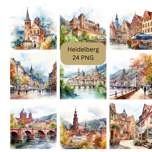 Acuarela Heidelberg Clipart, archivos digitales PNG sobre fondo transparente, álbum de recortes, invitaciones, uso comercial