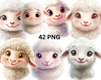 Cute Baby Lamb Faces Clipart, 42 Adorable Cartoon Sheep PNG, Transparent Background,Commercial Use, Instant Download