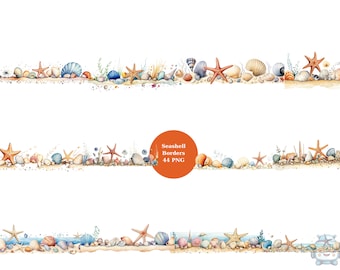 44 Seashell Borders Watercolor Clipart, Border Clipart, PNG individual images on transparent background, sublimation