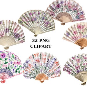 Floral Fan Clipart, 32 PNG Images on Transparent Background, Watercolor Vintage Fans for Sublimation & Crafts