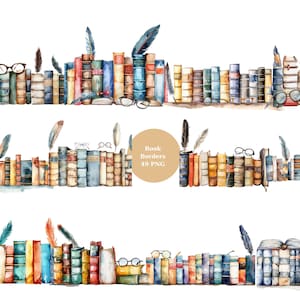 Op de afbeelding: Waterverfillustratie van boekranden met stapels kleurrijke boeken, brillen en veren. De tekst "Book Borders 49 PNG" staat in het midden van de afbeelding.
