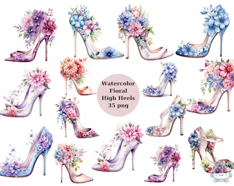 Acuarela Floral High Heels Clipart, imágenes individuales PNG sobre fondo transparente, sublimación, uso comercial