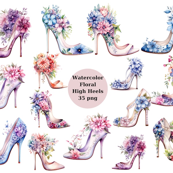 Watercolor Floral High Heels Clipart, PNG individual images on transparent background, sublimation, commercial use