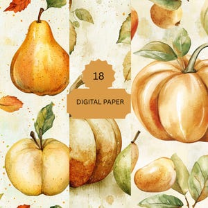 Pacchetto di carta digitale "Autunno Raccolto" - Sfondi con zucche, pere e foglie per scrapbooking e artigianato - 18 fogli