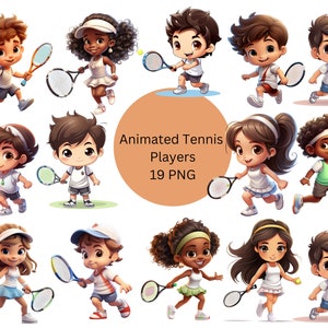 Imágenes prediseñadas animadas de jugadores de tenis, archivos digitales PNG sobre fondo blanco, álbum de recortes, invitaciones, comerciales