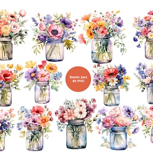40 rustieke potten aquarel clipart, bloemen clipart, individuele PNG-afbeeldingen op transparante achtergrond, sublimatie