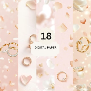 Papel digital para bodas en oro rosa: 18 fondos de pétalos y anillos en tonos rosa para invitaciones, tarjetas, diarios y manualidades.