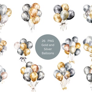 26 balões de ouro e prata clipart aquarela, clipart de balão, imagens individuais PNG em fundo transparente, sublimação