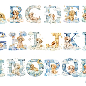 Clipart de alfabeto de cachorro bebê aquarela, imagens individuais PNG em fundo transparente, sublimação, uso comercial