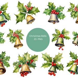 23 Christmas Bells Watercolor Clipart, Christmas Clipart, PNG individual images on transparent background, sublimation
