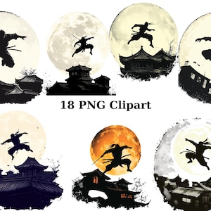 18 Ninjas in the Night Clipart, Ninja Clipart, PNG individual images on transparent background, sublimation