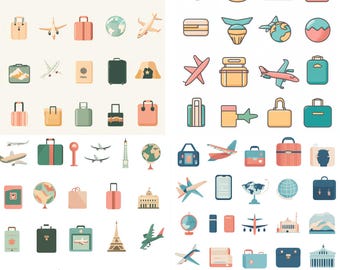 Travel Clipart Bundle – Airplane, Suitcase, Globe And Landmark PNG Icons for Planner, Sticker, Scrapbooking