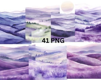 41 Abstract Lavender Field Watercolor Clipart, PNG individual images on transparent background, sublimation