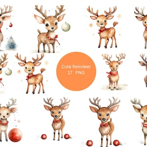 17 Cute Reindeers Watercolor Clipart, Christmas Clipart, PNG individual images on transparent background, sublimation