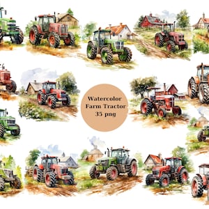 Watercolor Farm Tractor Clipart, PNG individual images on transparent background, sublimation, commercial use
