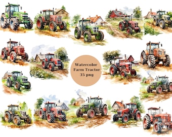 Watercolor Farm Tractor Clipart, PNG individual images on transparent background, sublimation, commercial use