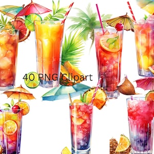40 Cocktails Watercolor Clipart, immagini PNG singole su sfondo trasparente, sublimazione, uso commerciale