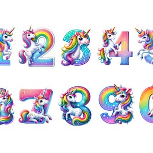 Clipart Chiffres Licorne Magique | Chiffres arc-en-ciel | Art numérique de licornes mignonnes | Images PNG sur fond transparent