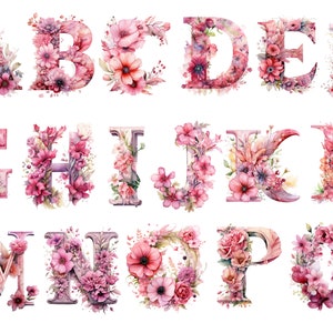 Aquarela Floral Rosa Alfabeto Clipart, Alfabeto Floral, fundo transparente, alta qualidade, clipart, 12x12, uso comercial