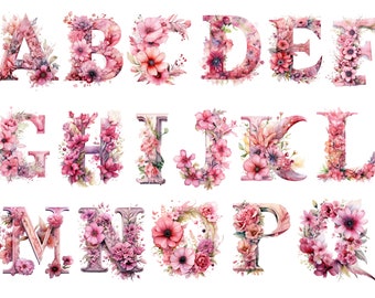 Watercolor Floral Pink Alphabet Clipart , Floral Alphabet, transparent background, high quality, clipart, 12x12, commercial use