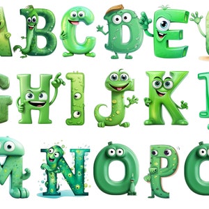 Green kids alphabet, happy Alphabet, transparent background, high quality, clipart, 12x12, commercial use
