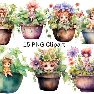 May include: A set of 10 digital illustrations of fairies in flower pots. Each fairy is wearing a flower crown and is surrounded by flowers and greenery. The illustrations are in a watercolor style and are perfect for adding a touch of whimsy to your projects.