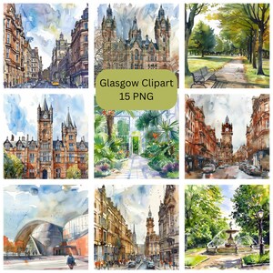 Acquerello Glasgow Clipart, bellissime immagini PNG della Scozia singole su sfondo trasparente, sublimazione, uso commerciale